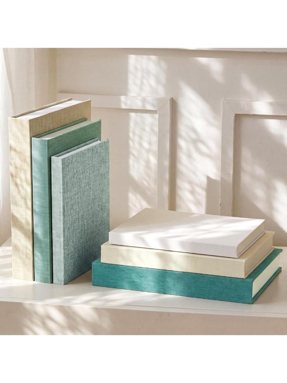 Set of 6 Decorative Faux Linen Books for Home Decor - Green Tones Accent Pieces